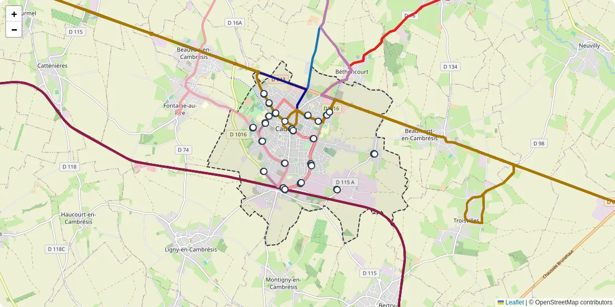 Carte du réseau de transport en commun à Caudry - lignes de bus et arrêts