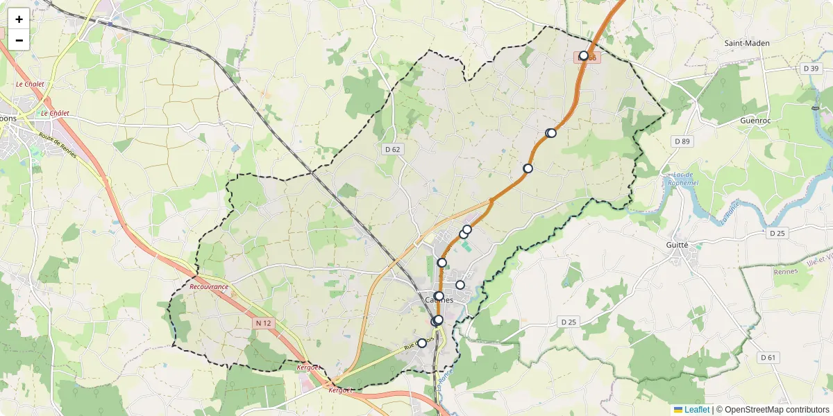 Carte du réseau de transport en commun à Caulnes - lignes de bus et arrêts