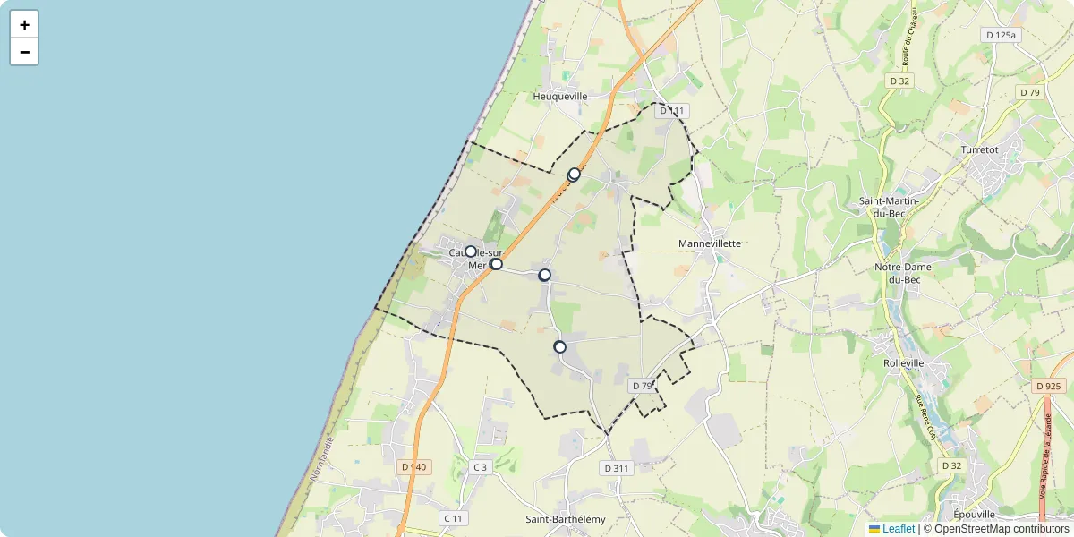 Carte du réseau de transport en commun à Cauville-sur-Mer - lignes de bus et arrêts