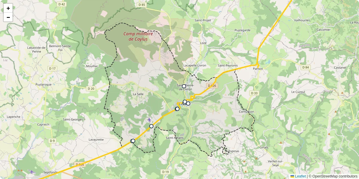 Carte du réseau de transport en commun à Caylus - lignes de bus et arrêts
