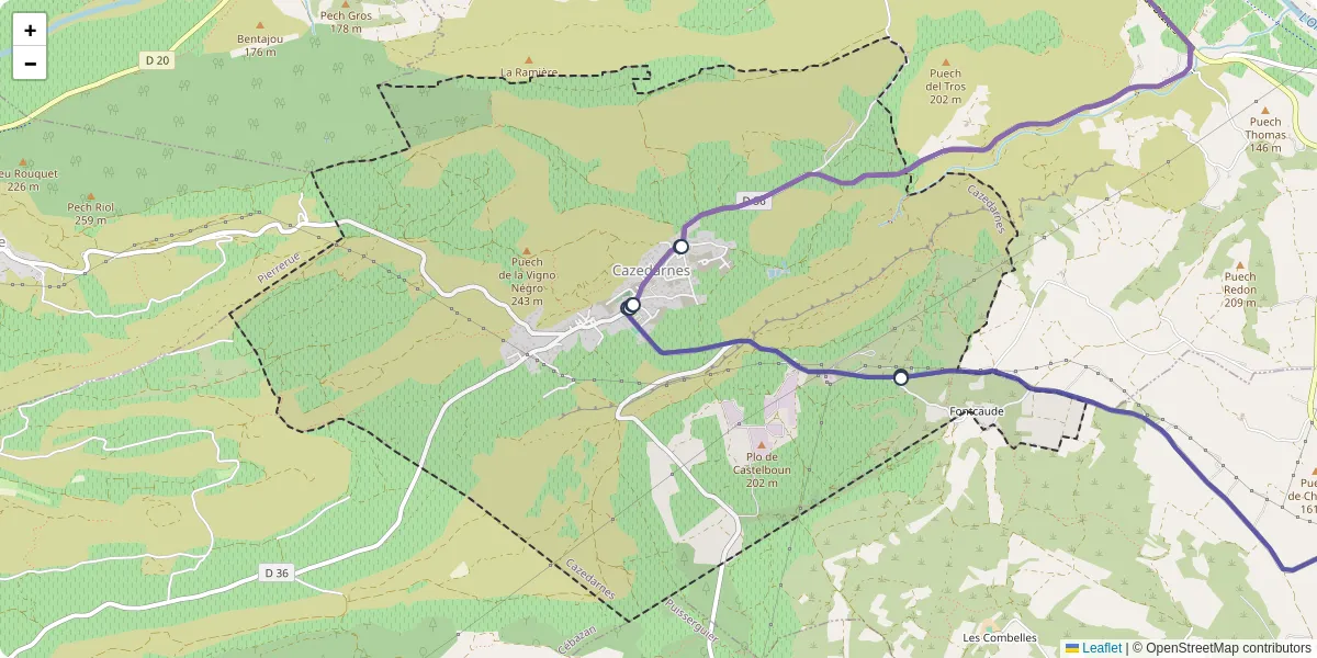 Carte du réseau de transport en commun à Cazedarnes - lignes de bus et arrêts