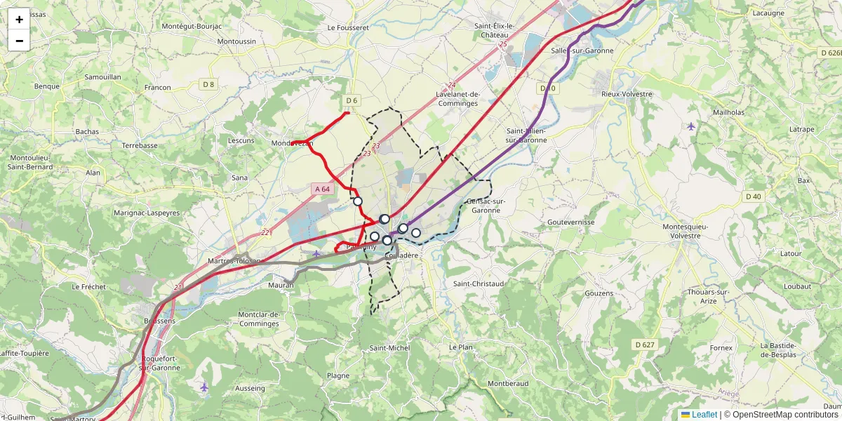 Carte du réseau de transport en commun à Cazères - lignes de bus et arrêts