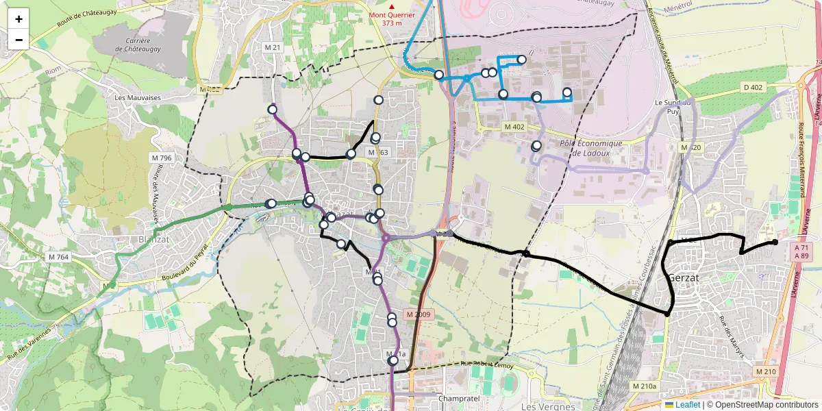 Carte du réseau de transport en commun à Cébazat - lignes de bus et arrêts