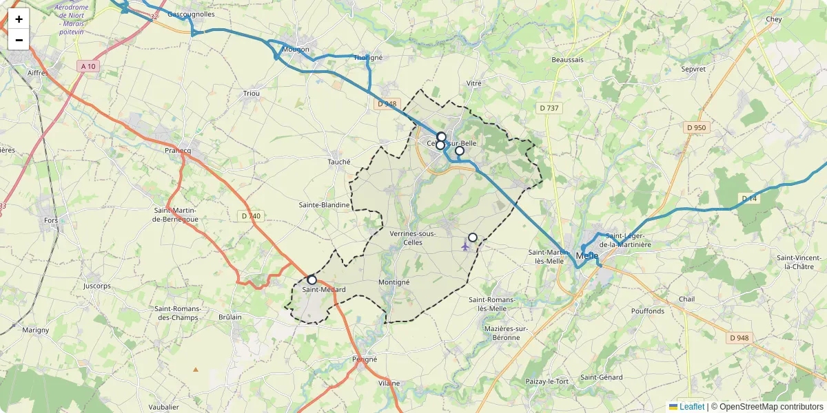 Carte du réseau de transport en commun à Celles-sur-Belle - lignes de bus et arrêts