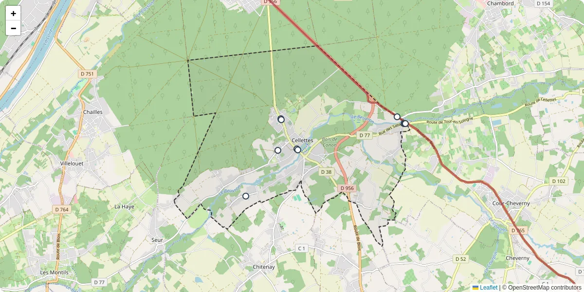 Carte du réseau de transport en commun à Cellettes - lignes de bus et arrêts