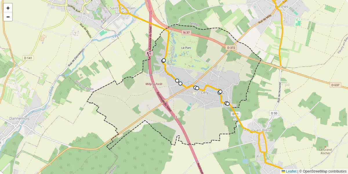 Carte du réseau de transport en commun à Cély - lignes de bus et arrêts