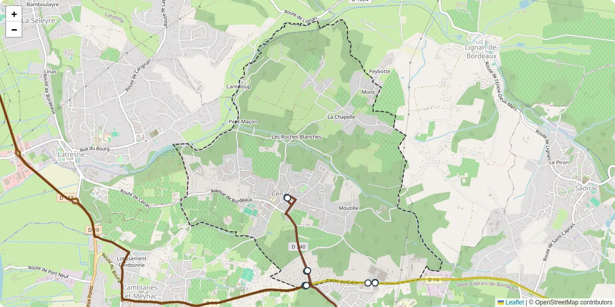 Carte du réseau de transport en commun à Cénac - lignes de bus et arrêts