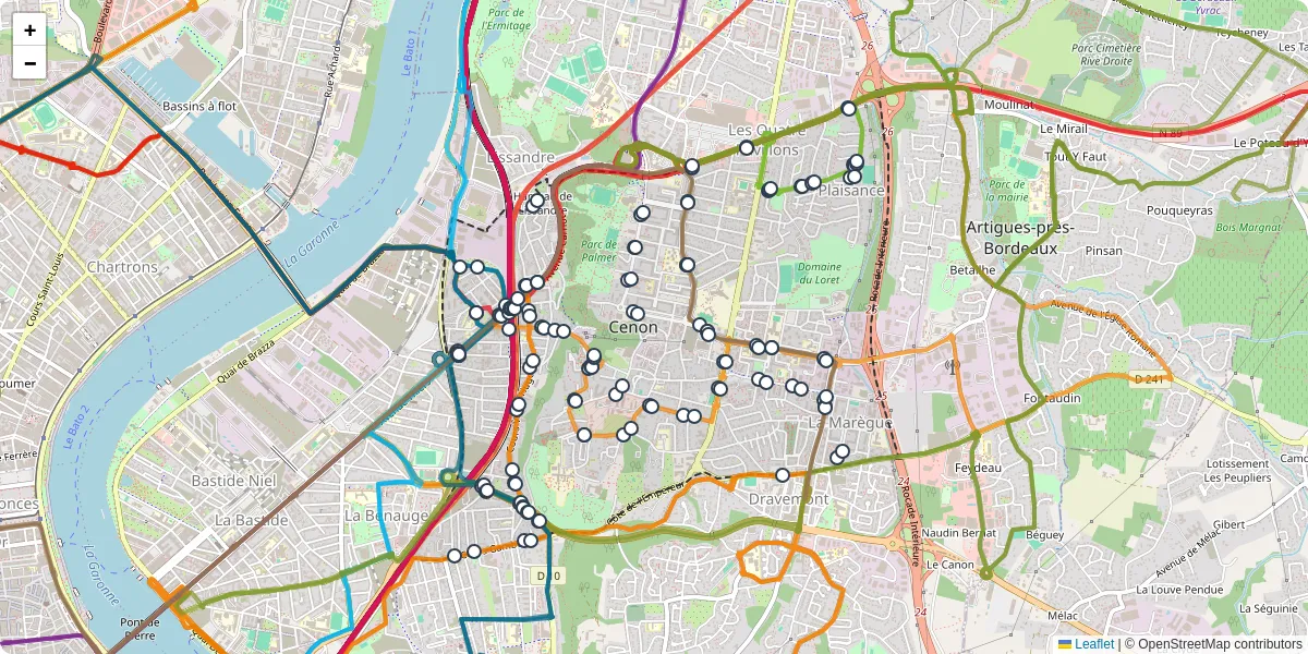 Carte du réseau de transport en commun à Cenon - lignes de bus et arrêts