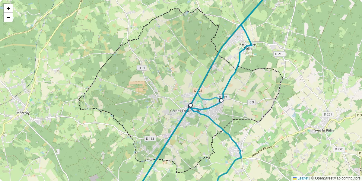 Carte du réseau de transport en commun à Cérans-Foulletourte - lignes de bus et arrêts