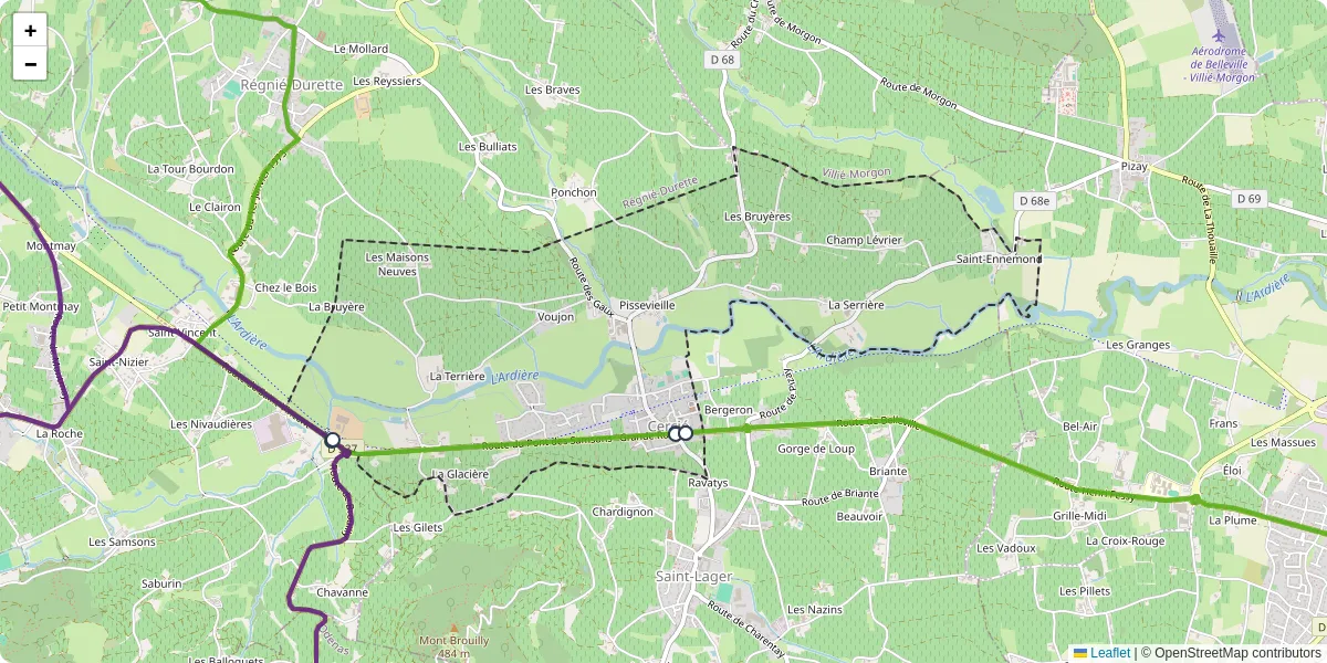 Carte du réseau de transport en commun à Cercié - lignes de bus et arrêts