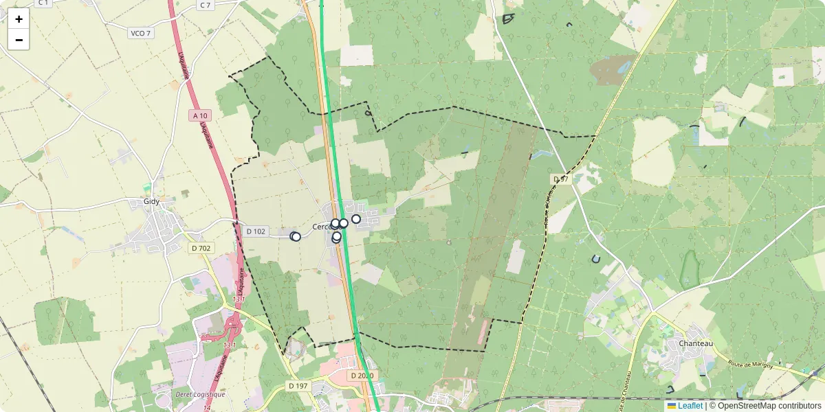 Carte du réseau de transport en commun à Cercottes - lignes de bus et arrêts