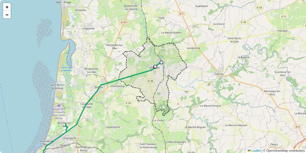 Carte du réseau de transport en commun à Cérences - lignes de bus et arrêts
