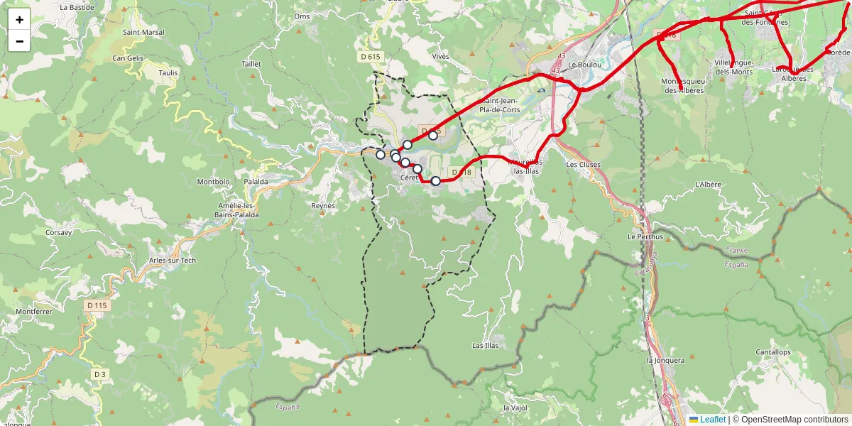 Carte du réseau de transport en commun à Céret - lignes de bus et arrêts