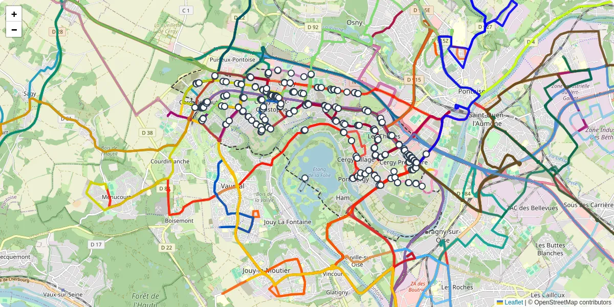 Carte du réseau de transport en commun à Cergy - lignes de bus et arrêts
