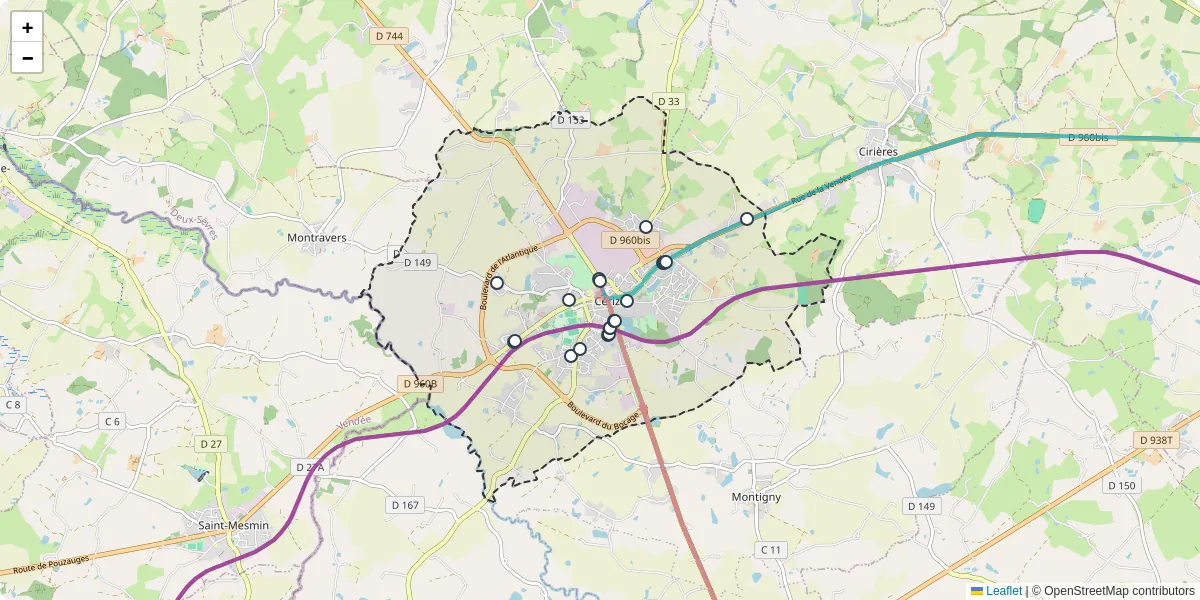 Carte du réseau de transport en commun à Cerizay - lignes de bus et arrêts