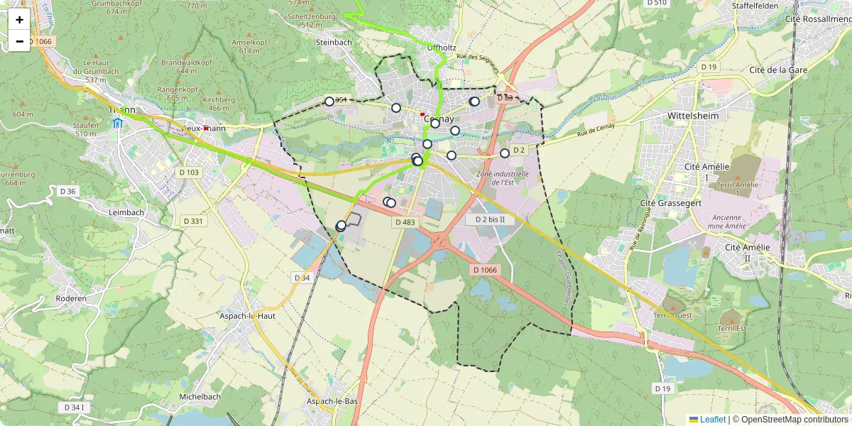 Carte du réseau de transport en commun à Cernay - lignes de bus et arrêts
