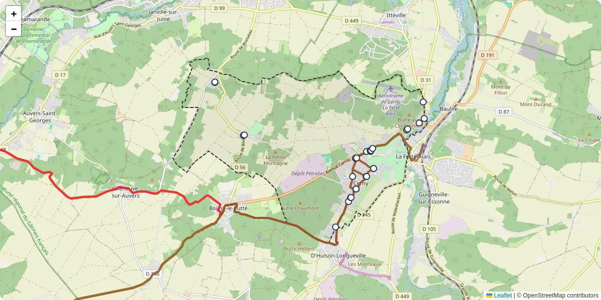 Carte du réseau de transport en commun à Cerny - lignes de bus et arrêts