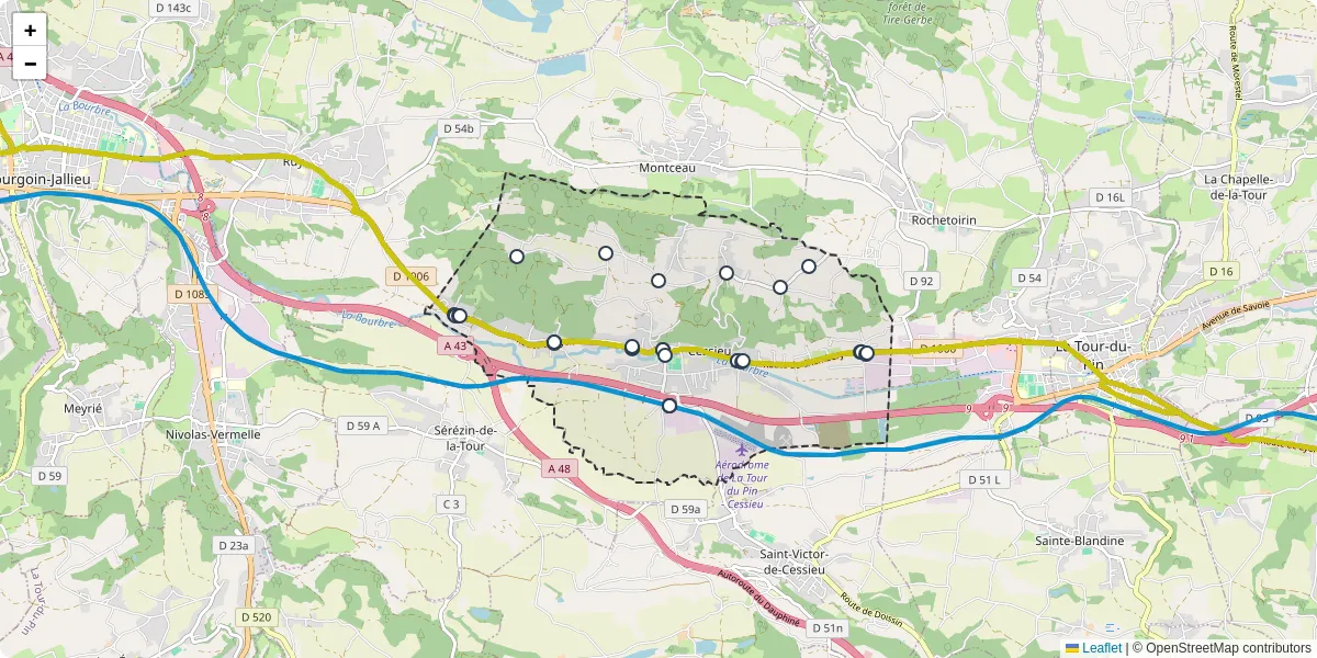 Carte du réseau de transport en commun à Cessieu - lignes de bus et arrêts