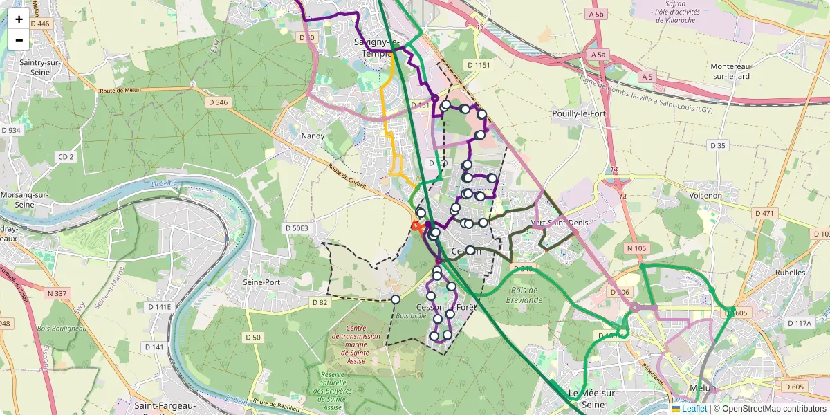 Carte du réseau de transport en commun à Cesson - lignes de bus et arrêts