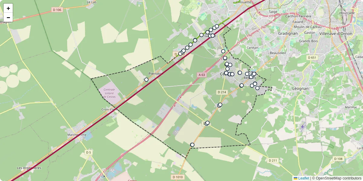 Carte du réseau de transport en commun à Cestas - lignes de bus et arrêts