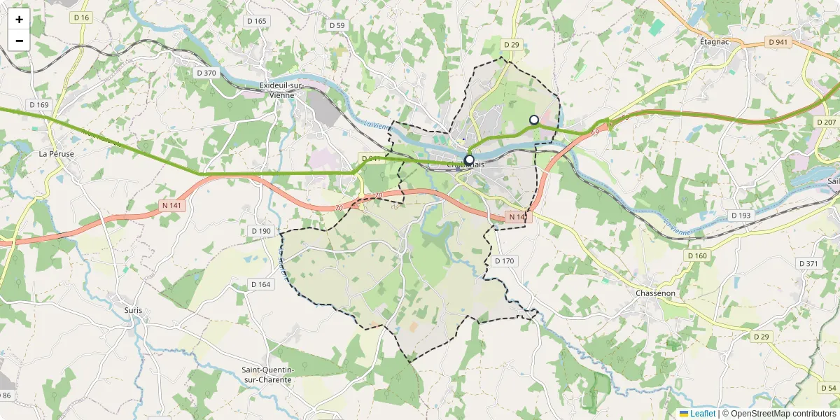 Carte du réseau de transport en commun à Chabanais - lignes de bus et arrêts