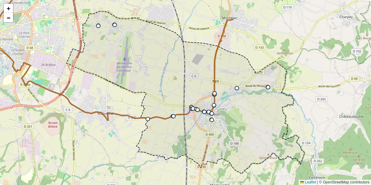 Carte du réseau de transport en commun à Chabeuil - lignes de bus et arrêts