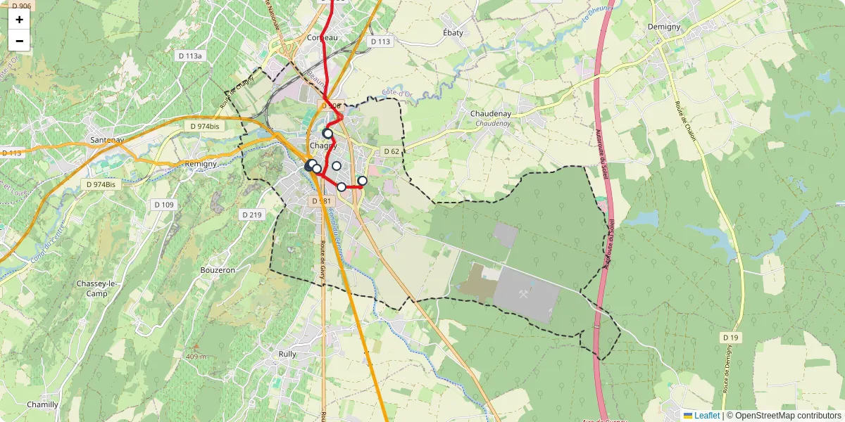 Carte du réseau de transport en commun à Chagny - lignes de bus et arrêts