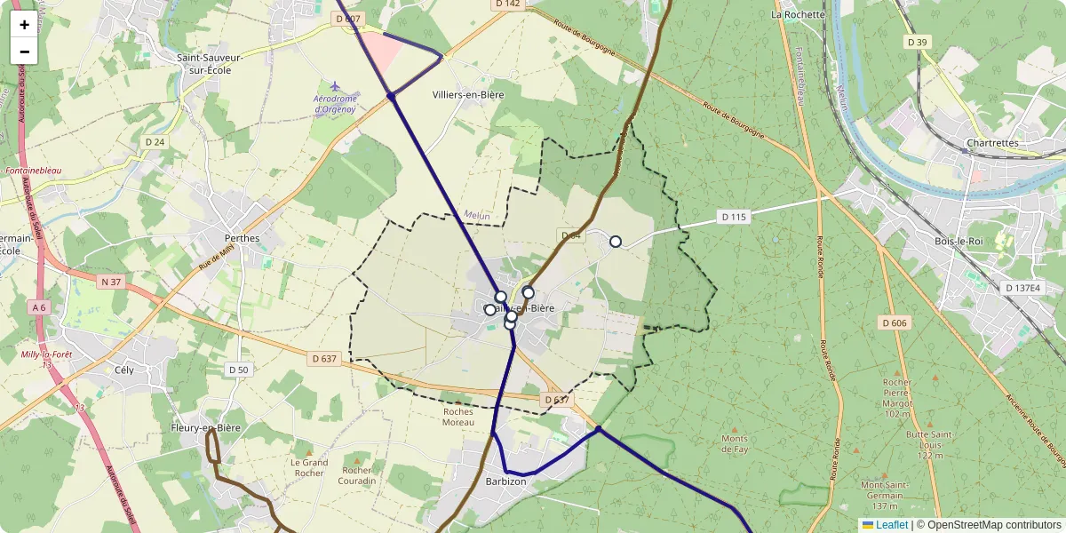 Carte du réseau de transport en commun à Chailly-en-Bière - lignes de bus et arrêts