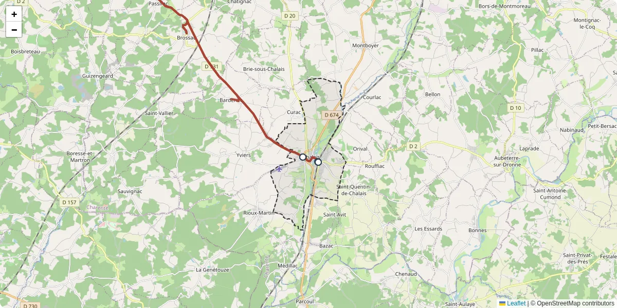 Carte du réseau de transport en commun à Chalais - lignes de bus et arrêts