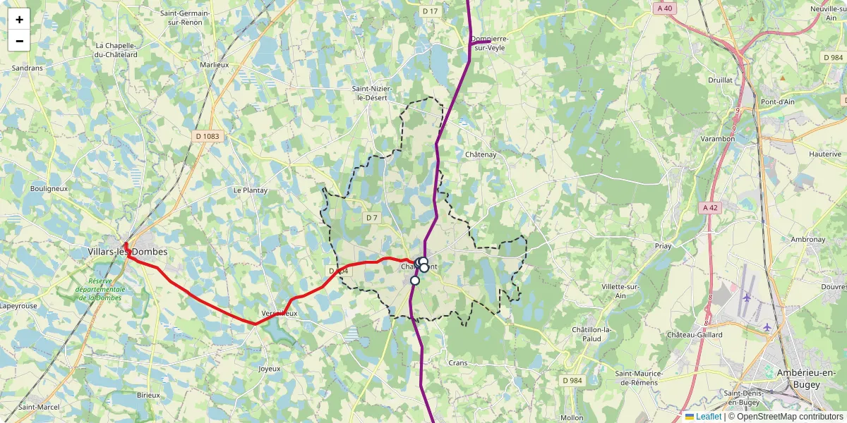 Carte du réseau de transport en commun à Chalamont - lignes de bus et arrêts