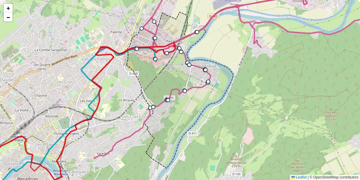 Carte du réseau de transport en commun à Chalezeule - lignes de bus et arrêts