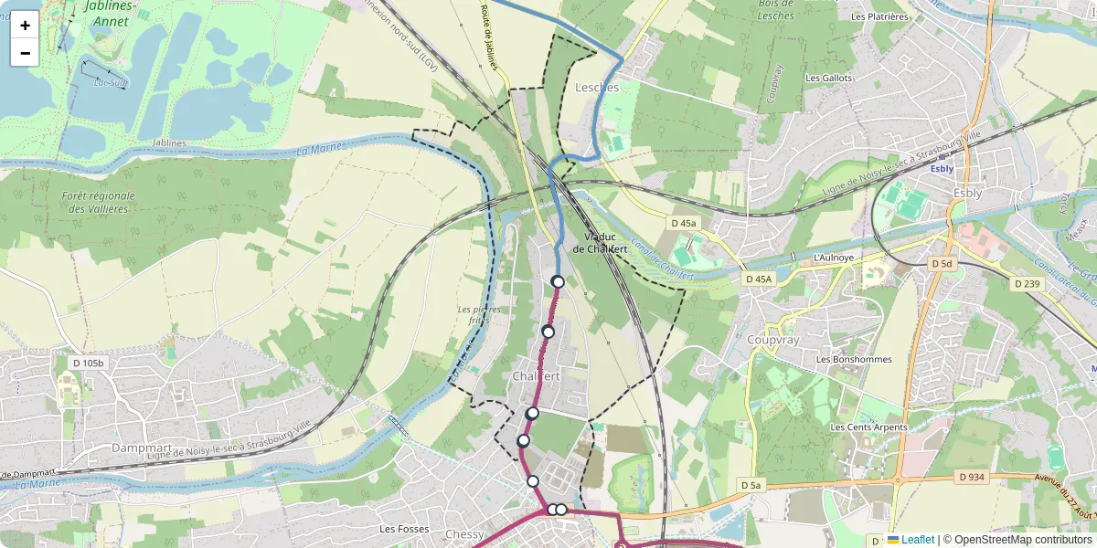 Carte du réseau de transport en commun à Chalifert - lignes de bus et arrêts