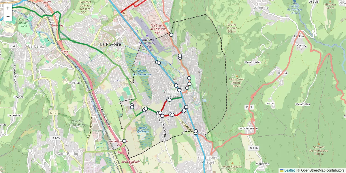 Carte du réseau de transport en commun à Challes-les-Eaux - lignes de bus et arrêts