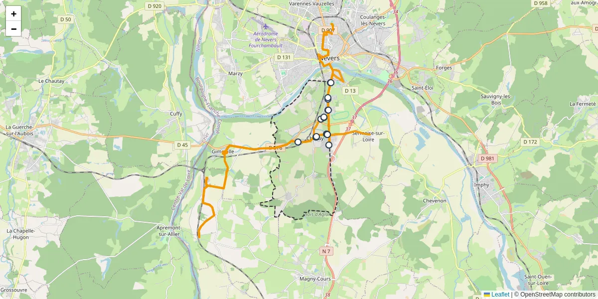 Carte du réseau de transport en commun à Challuy - lignes de bus et arrêts