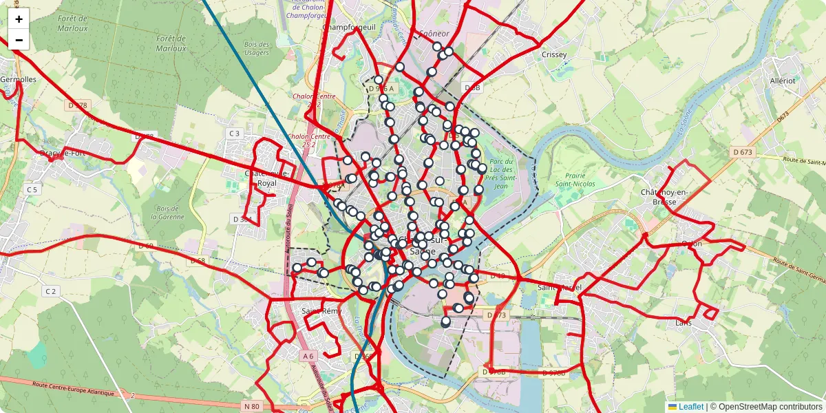 Carte du réseau de transport en commun à Chalon-sur-Saône - lignes de bus et arrêts