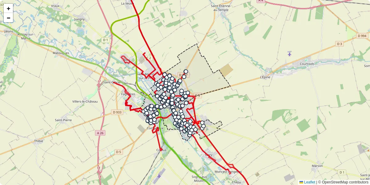 Carte du réseau de transport en commun à Châlons-en-Champagne - lignes de bus et arrêts