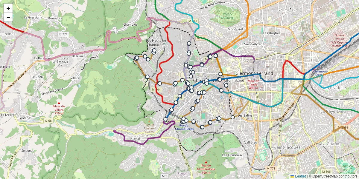 Carte du réseau de transport en commun à Chamalières - lignes de bus et arrêts