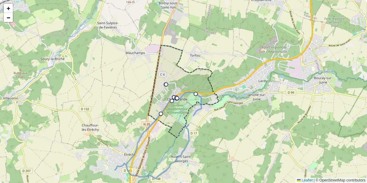 Carte du réseau de transport en commun à Chamarande - lignes de bus et arrêts