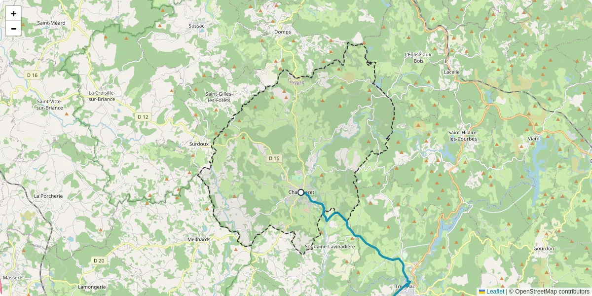 Carte du réseau de transport en commun à Chamberet - lignes de bus et arrêts