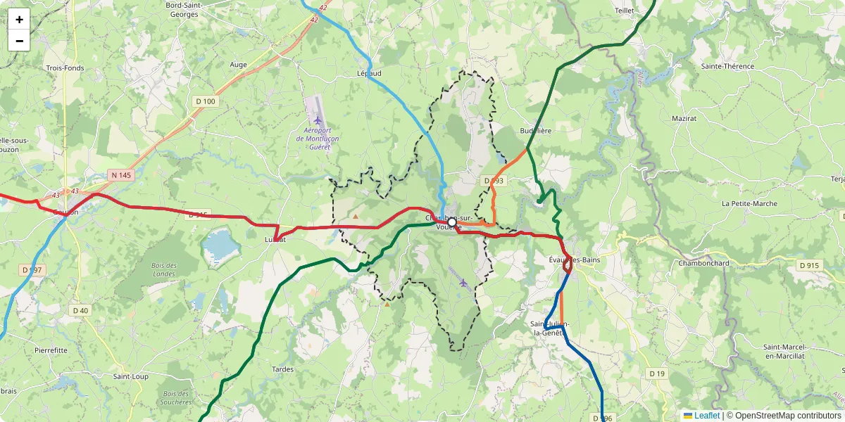 Carte du réseau de transport en commun à Chambon-sur-Voueize - lignes de bus et arrêts