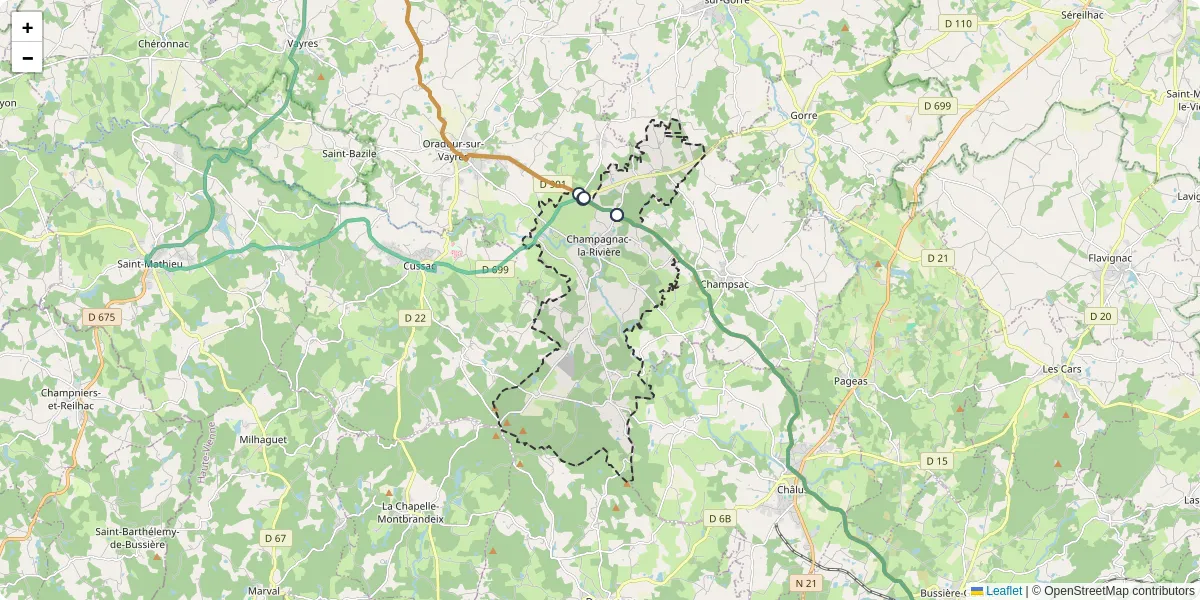 Carte du réseau de transport en commun à Champagnac-la-Rivière - lignes de bus et arrêts