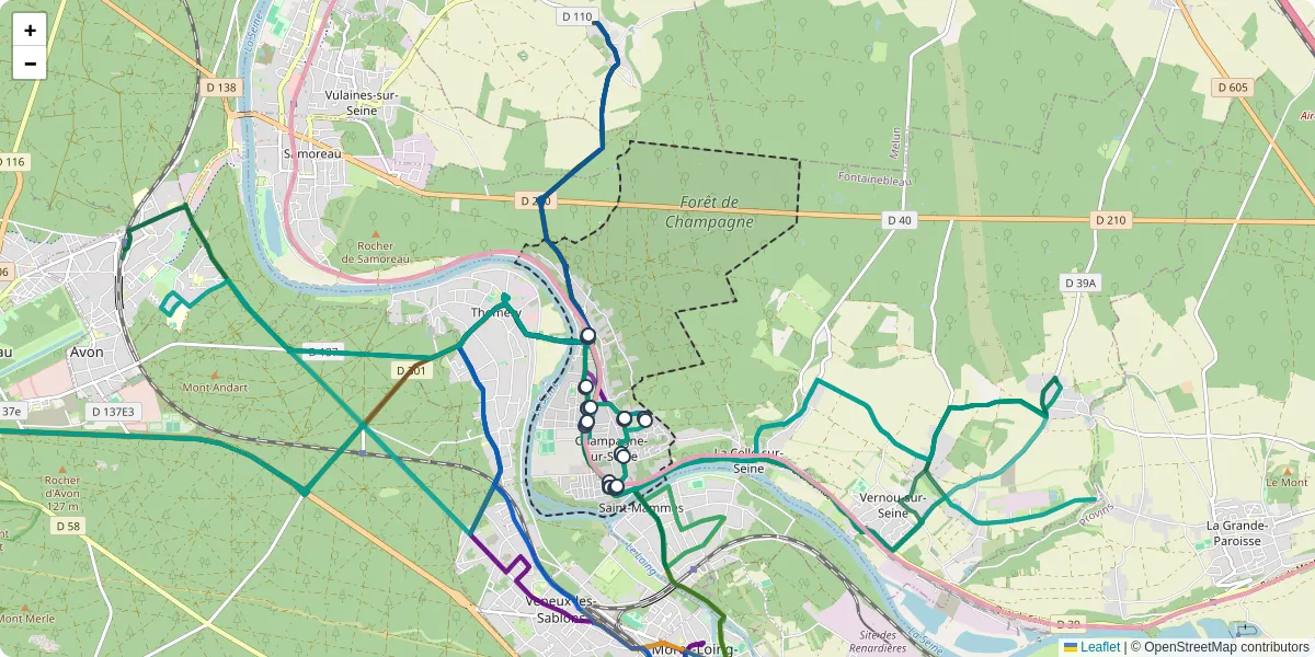 Carte du réseau de transport en commun à Champagne-sur-Seine - lignes de bus et arrêts