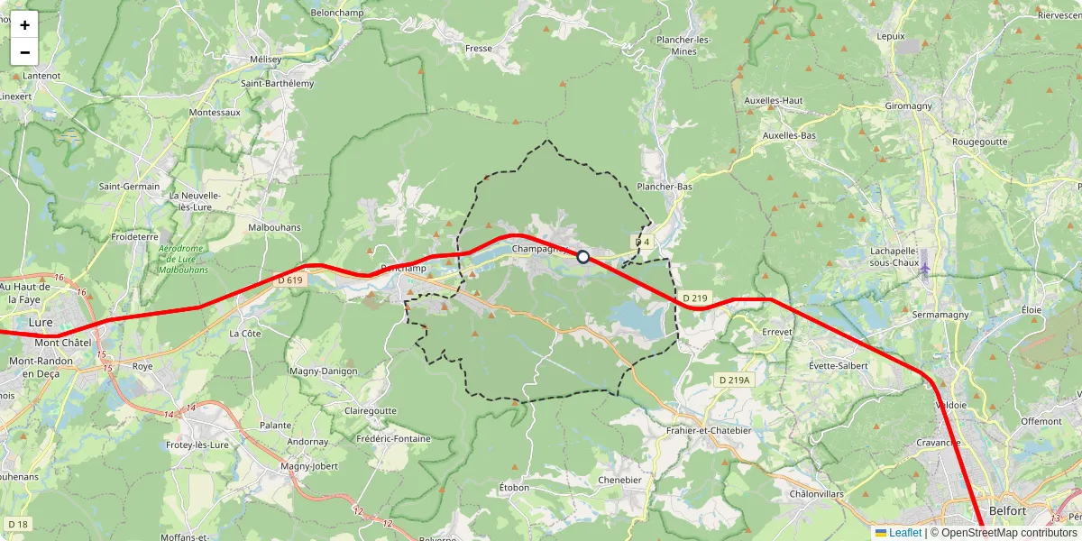 Carte du réseau de transport en commun à Champagney - lignes de bus et arrêts