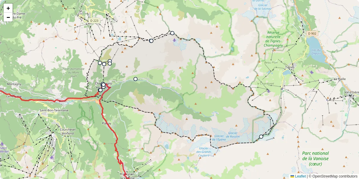 Carte du réseau de transport en commun à Champagny-en-Vanoise - lignes de bus et arrêts