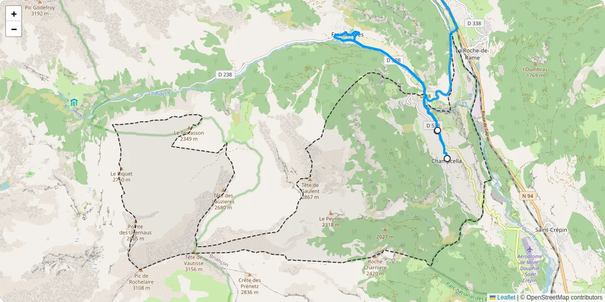 Carte du réseau de transport en commun à Champcella - lignes de bus et arrêts