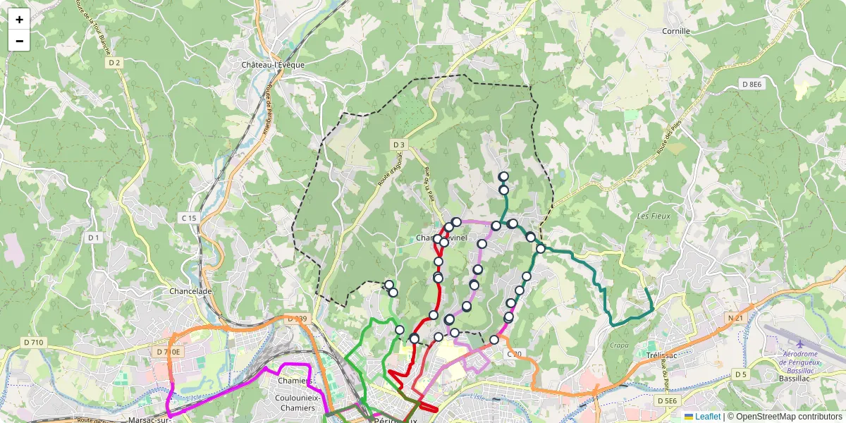 Carte du réseau de transport en commun à Champcevinel - lignes de bus et arrêts