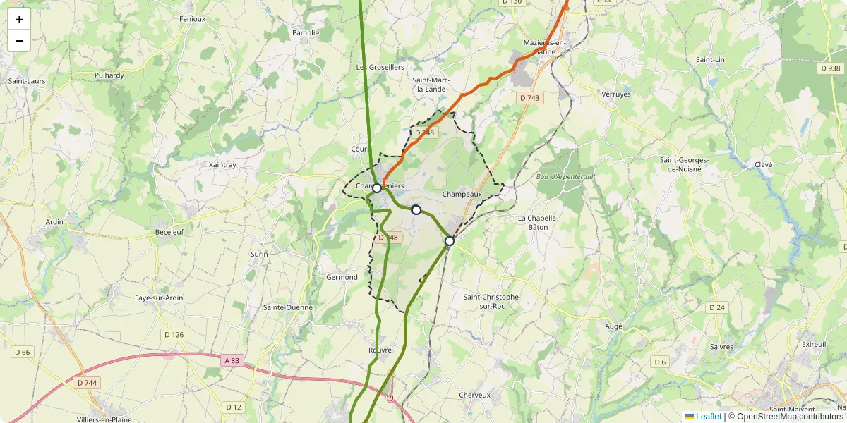 Carte du réseau de transport en commun à Champdeniers - lignes de bus et arrêts