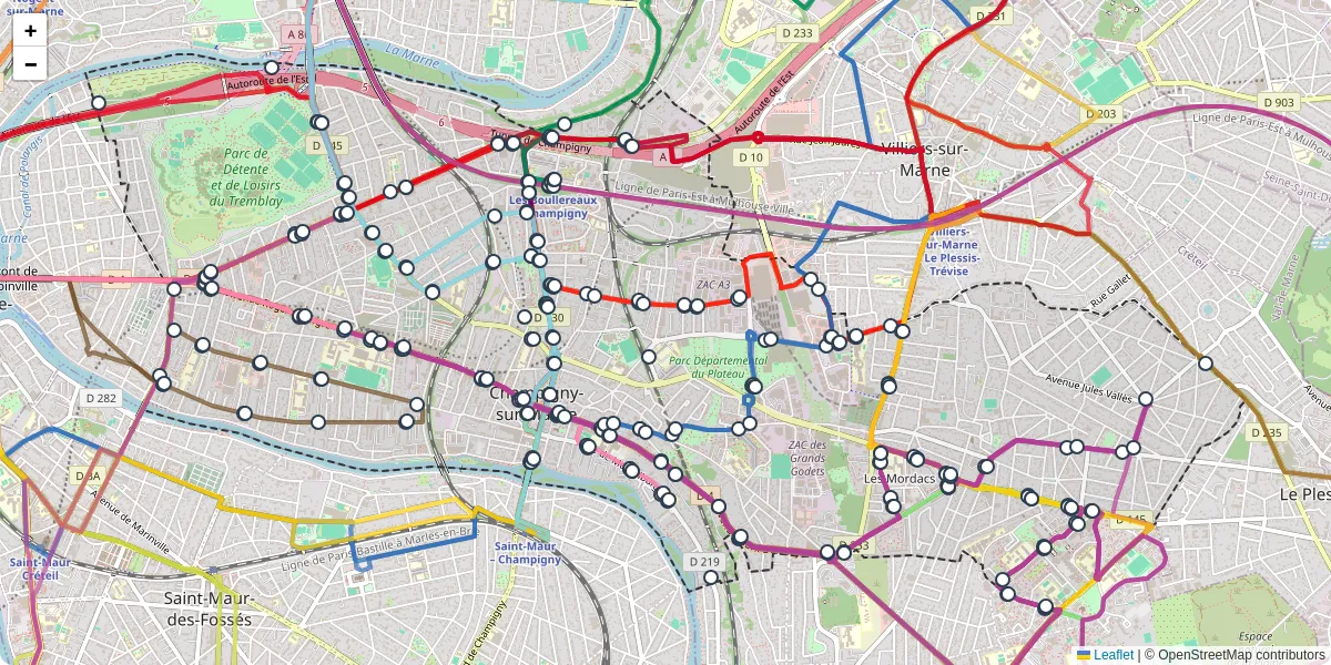 Carte du réseau de transport en commun à Champigny-sur-Marne - lignes de bus et arrêts