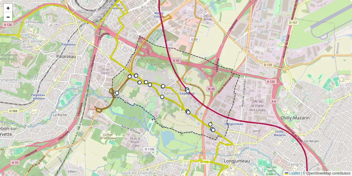 Carte du réseau de transport en commun à Champlan - lignes de bus et arrêts