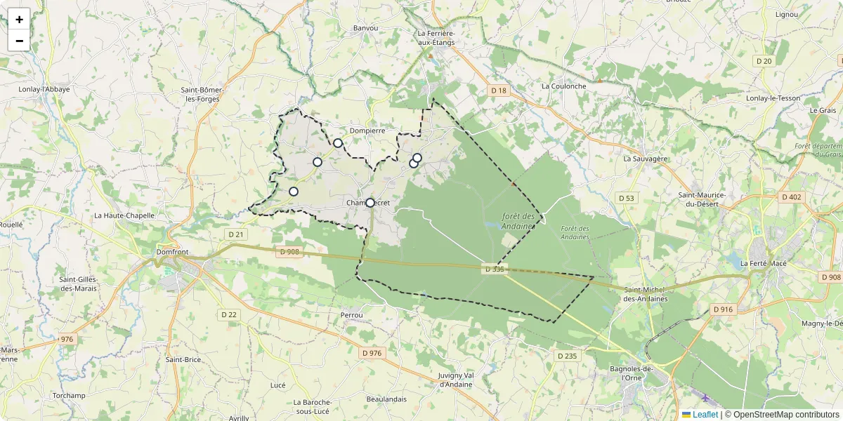 Carte du réseau de transport en commun à Champsecret - lignes de bus et arrêts